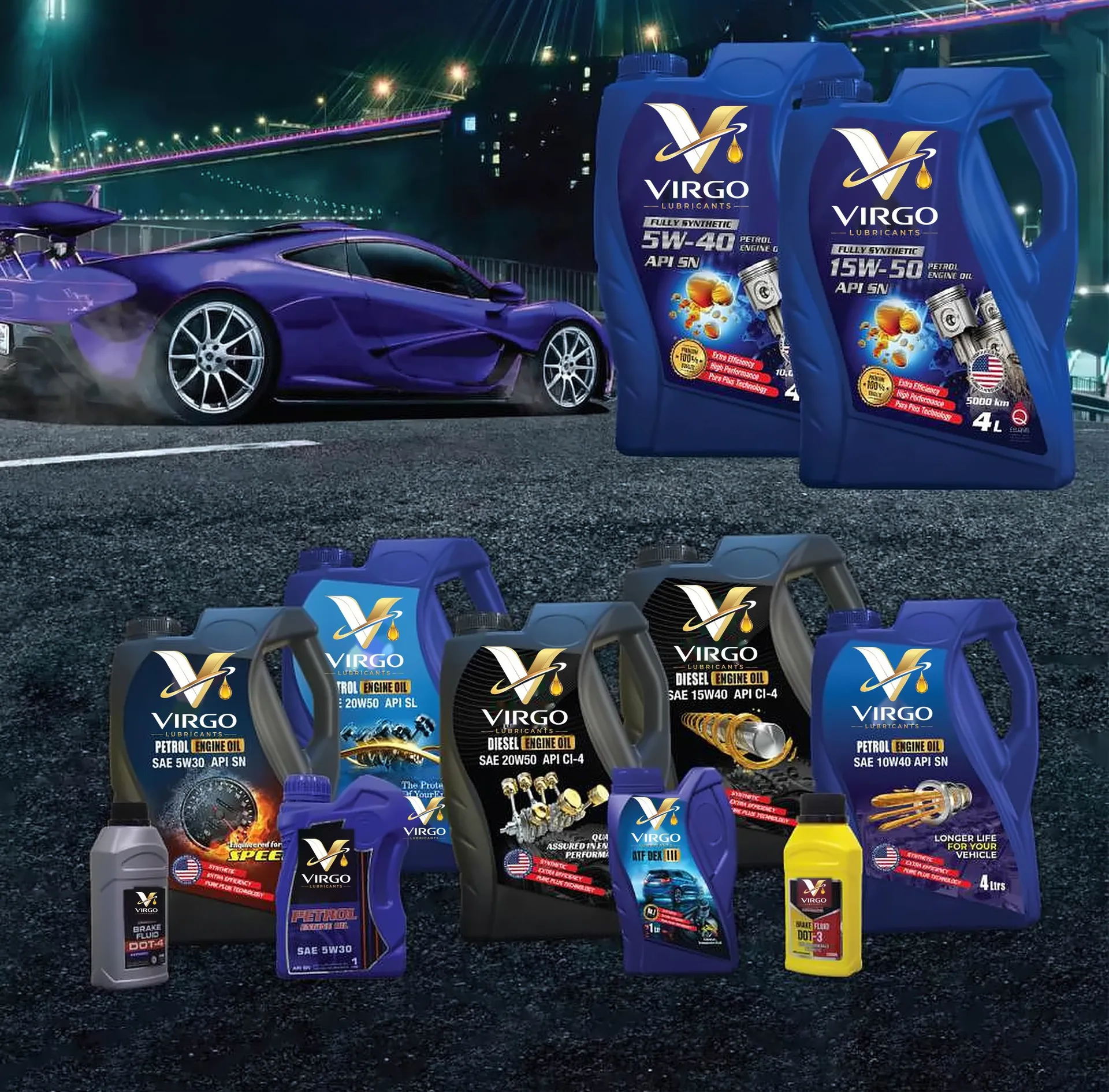 The Virgo engine oil, gear oil and ATF range on a dark road surface