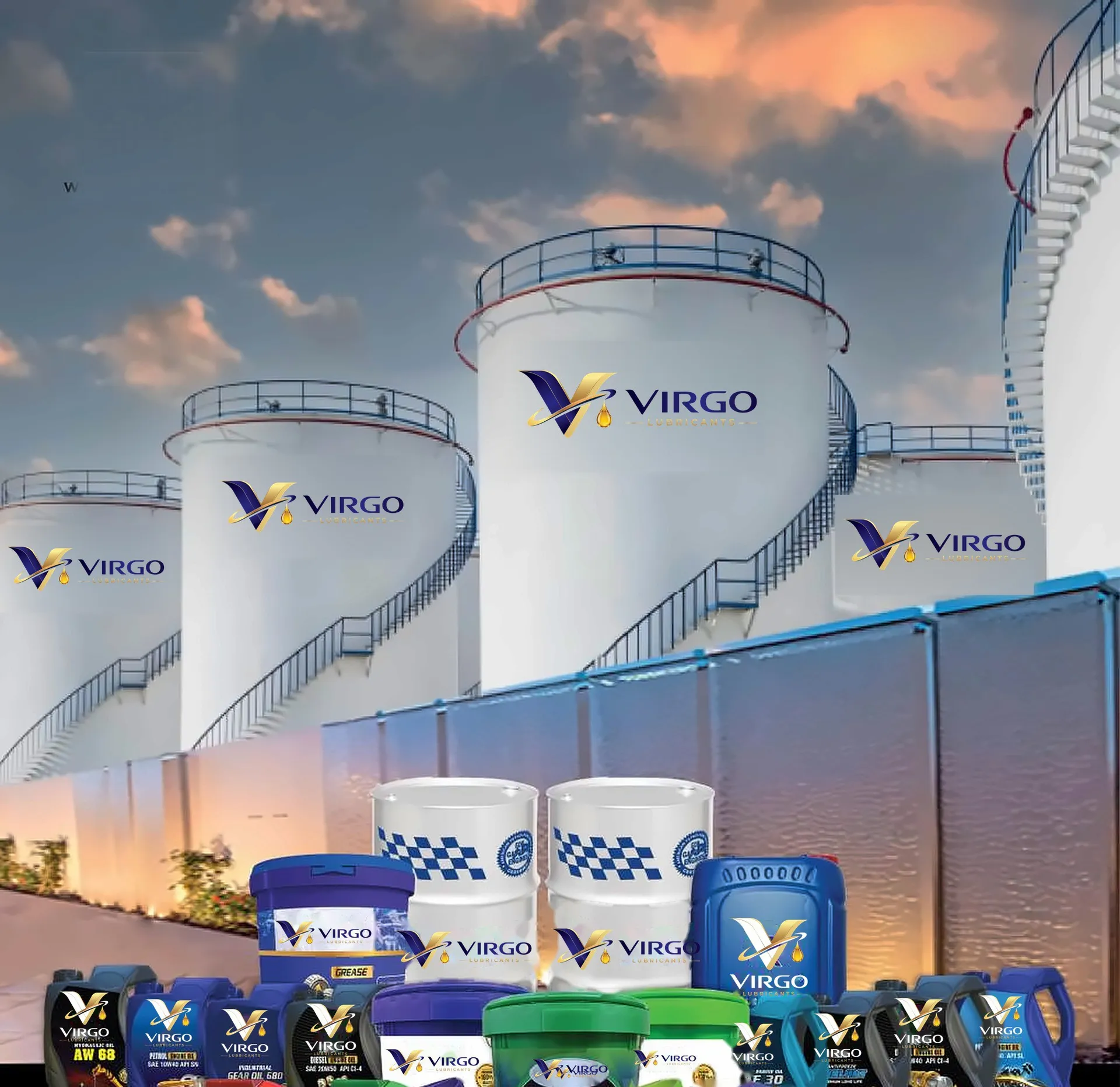 Bulk storage tanks branded Virgo with a range of Virgo lubricant packs in front